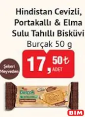 ETİ BURÇAK HİNDİSTAN CEVİZLİ PORTAKALLI VE ELMA SULU TAHILLI BİSKÜVİ 50 G fiyat ve kampanya bilgisi